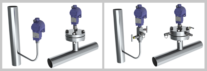 Der Anbau von Instrumentierungsventilen an Druckschaltern in Block-and-Bleed-Ausführung ermöglicht eine In-situ-Kalibrierung, links mit Ventilblock und rechts mit Monoflansch. 