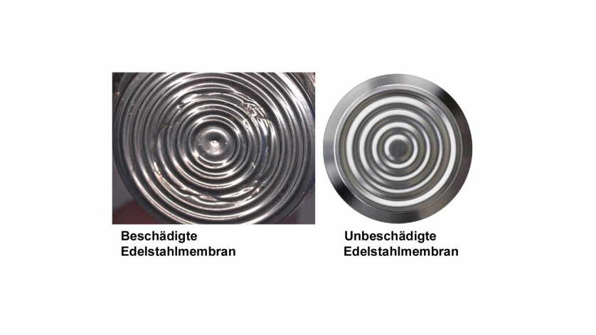 Beschädigter und unbeschädigter Edelstahlmembran