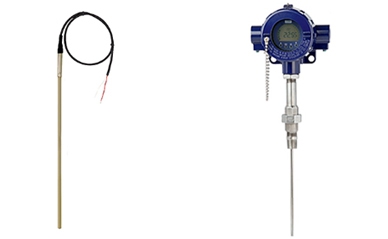 Links: Widerstandsthermometer mit Anschlusskabel Typ TR40 (vielfältige Anwendungsmöglichkeiten) Rechts: Widerstandsthermometer für die Prozessindustrie Typ TR12-B (Petrochemische Industrie, Öl- und Gas-Industrie)