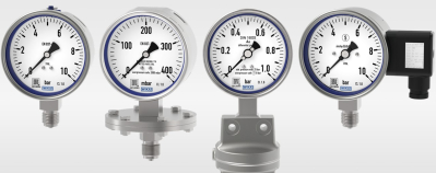 Eine Auswahl an verschiedenen Edelstahl-Manometern von WIKA.