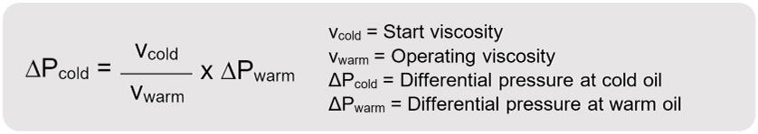 Starting viscosity, operating viscosity, differential pressure, oil, operating temperature