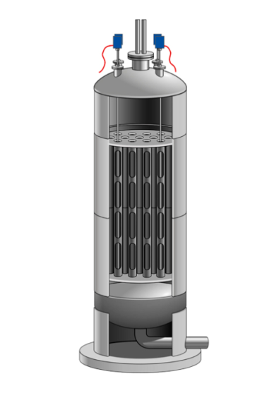 Se utiliza un reactor de haz tubular para producir un sustituto del petróleo crudo, a partir del cual se refina posteriormente el combustible de aviación sostenible. La sección transversal de un reactor de este tipo con termopares escalonados para controlar la temperatura que se muestra aquí no está a escala.