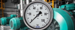 Liquid filled pressure gauge in its field of application