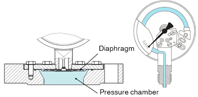 Manomètre à membrane avec bride de raccordement ouverte (à gauche) : Dans la grande chambre de pression, aucun fluide ne peut colmater. En raison de l'étroitesse du tube manométrique (à droite), il y a un risque de ce phénomène.