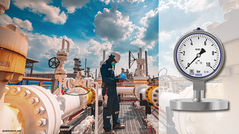 In process plants handling flammable, explosive, or particularly valuable media, pressure gauges with fully welded connection flanges offer an effective and safe solution.