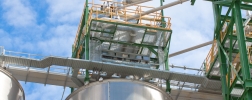 Polyethylene storage tanks at a chemical plant.